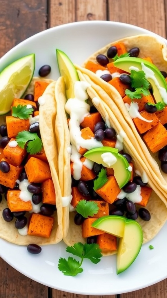 Colorful sweet potato and black bean tacos with avocado and cashew lime crema, served on a rustic table.